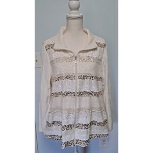 Quacker Factory Womens Jacket XL Size Off White Lace Sequin Zip Front